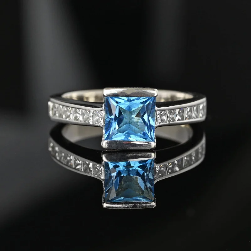 Exclusive Online Discounts On Stylish Jewelry 1 Carat Princess Cut Diamond Blue Topaz Ring 14K White Gold
