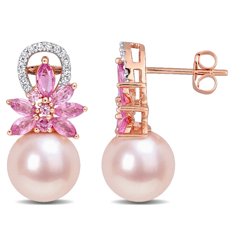 Jewelry Clearance Sale – Final Reductions 9-9.5 MM Pink Cultured Freshwater Pearl and Pink Sapphire and 1/8 CT TW Diamond Flower Drop Earrings in 14k Rose Gold