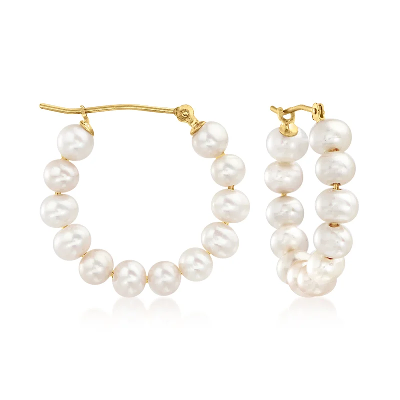 Exclusive Online Discounts On Stylish Jewelry Ross-Simons 4-5mm Cultured Pearl Hoop Earrings in 14kt Yellow Gold