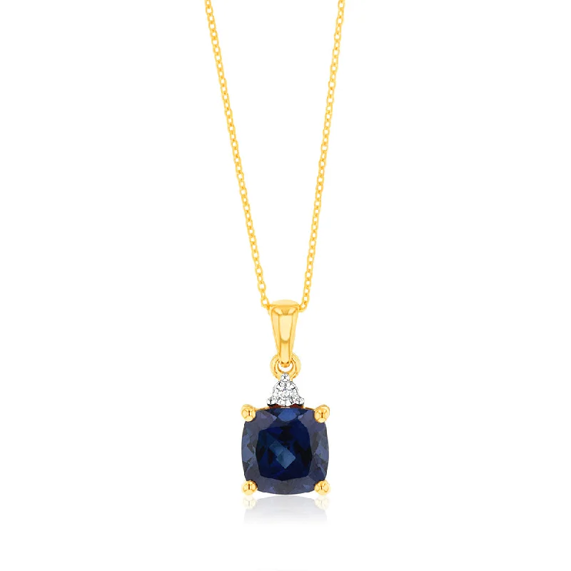 Luxury Jewelry Clearance – Shop Premium Styles Now 9ct Yellow Gold 7mm Created Blue Sapphire and Diamond Pendant